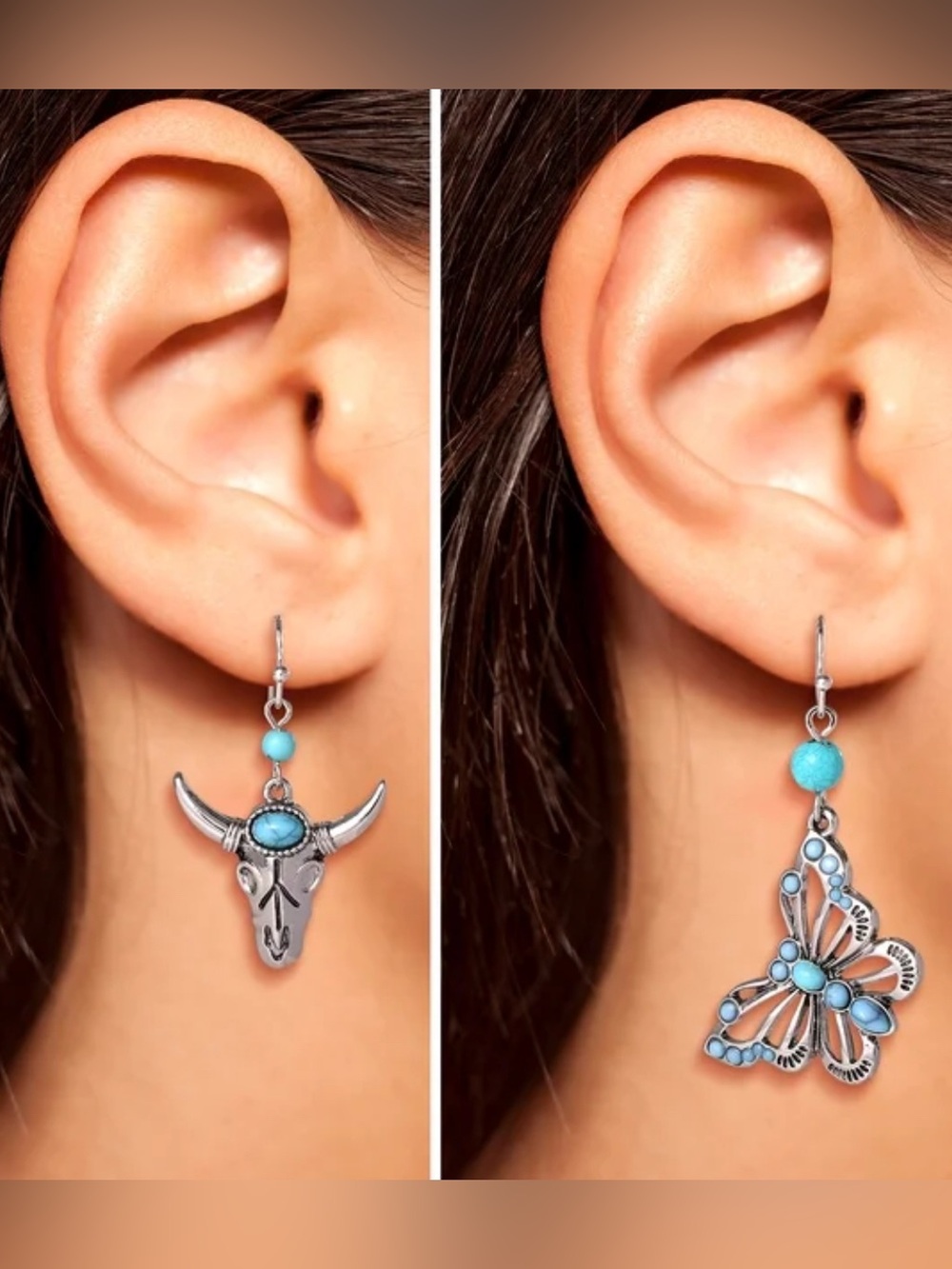 Jessica Simpson Turquoise Look Western Bull Skull Butterfly Earrings Set Silvert - Picture 4 of 4